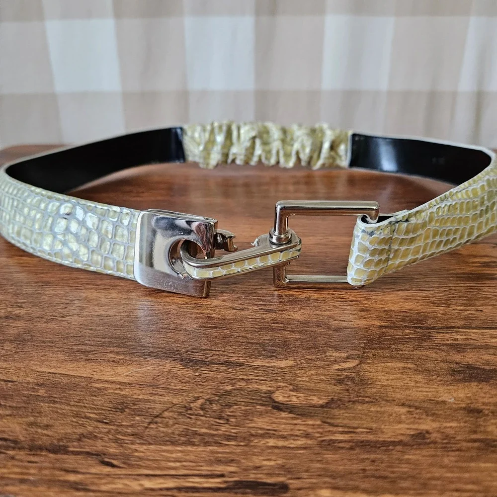 Vtg Sandy Duftler Genuine Leather Snake Embossed‎ Elasticated Belt M Hook Buckle
